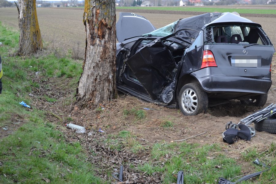 Wideo: Mercedes uderzył w drzewo w Janiszewie. Kobieta uwięziona w aucie
