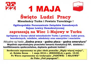 1-Maja Święto Ludzi Pracy - przyjdź na wiec