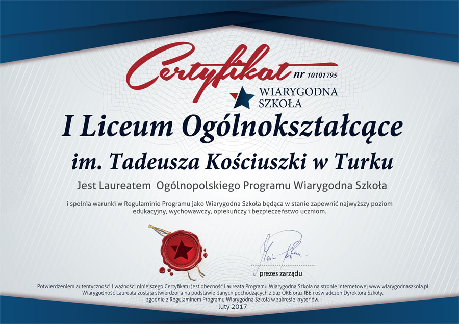 Certyfikat Wiarygodna Szkoła I LO w Turku