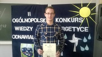 Sukces ucznia ZSR Kaczki Średnie w Ogólnopolskiej Olimpiadzie Wiedzy o Energetyce Odnawialnej