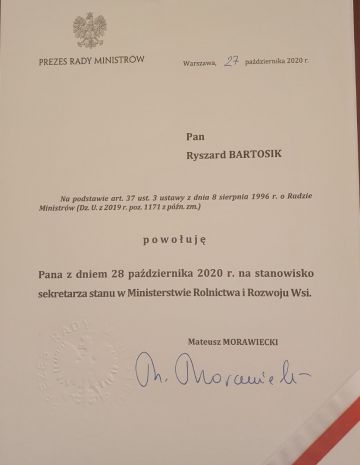 Ryszard Bartosik powołany na wiceministra Rolnictwa i Rozwoju Wsi.