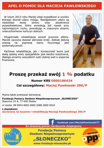 1% dla lokalnie: Maciej Pawłowski potrzebuje Naszego wsparcia