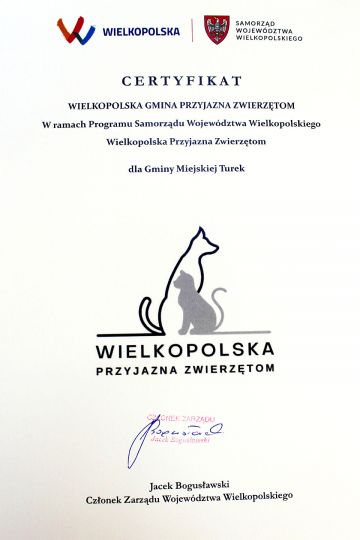 Miasto Turek z certyfikatem „Gmina przyjazna zwierzętom” - Gmina przyjazna zwierzętom / fot. UM Turek
