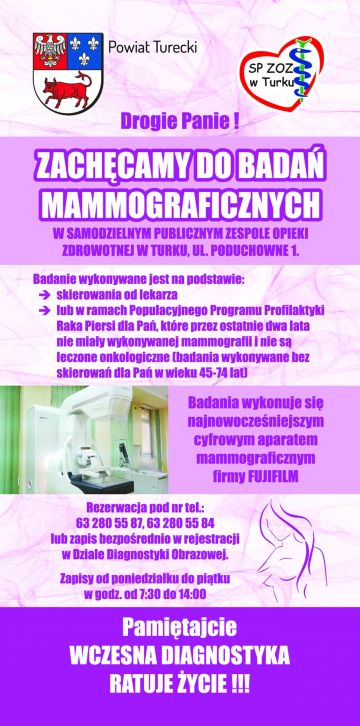 Zadzwoń i zapisz się na badanie. Bezpłatna mammografia w SP ZOZ w Turku